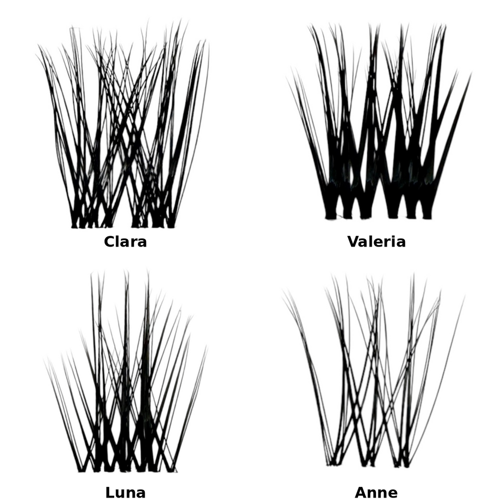 Four sets of stylized hair extensions labeled Clara, Valeria, Luna, and Anne on a white background.