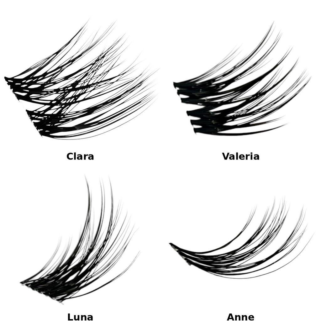 Four pairs of false eyelashes labeled Clara, Valeria, Luna, and Anne on a white background.