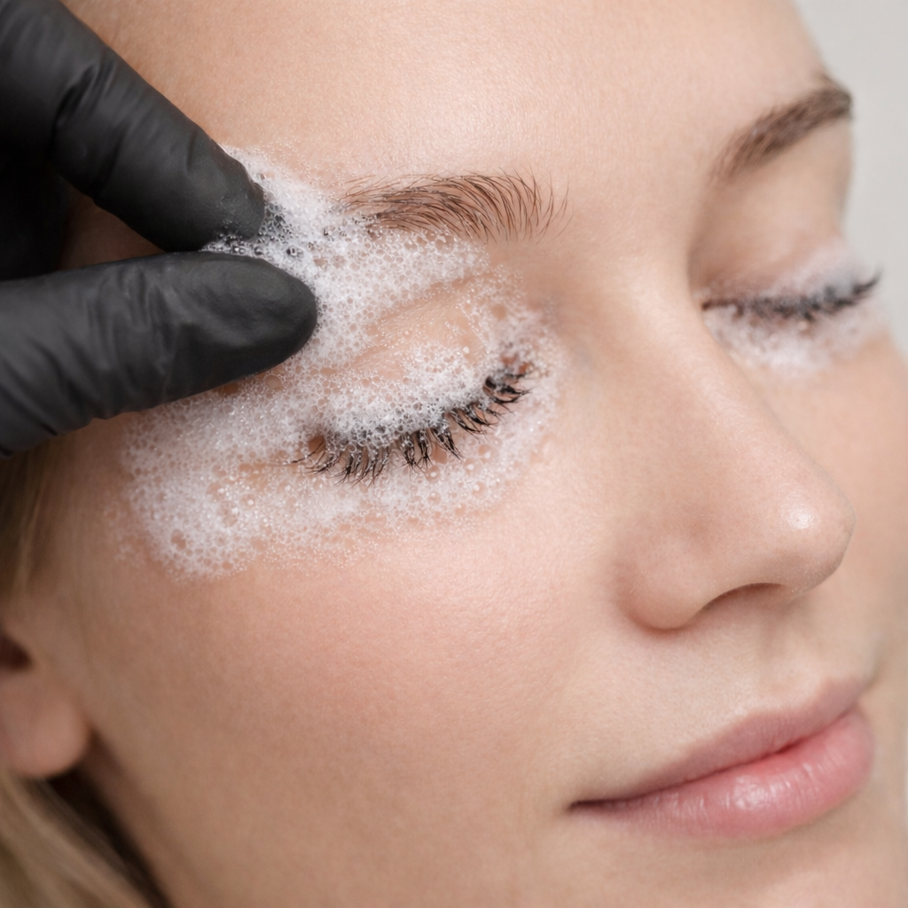 Close-up of a woman's face with a hand applying lash shampoo to her eyelashes.